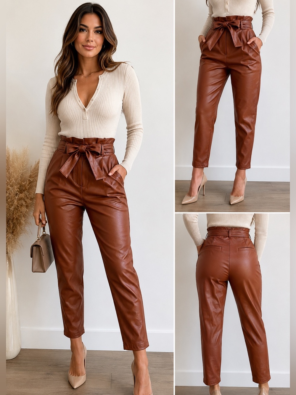 Express Faux Leather Paperbag Waist Pants | Cognac Brown | Size Small